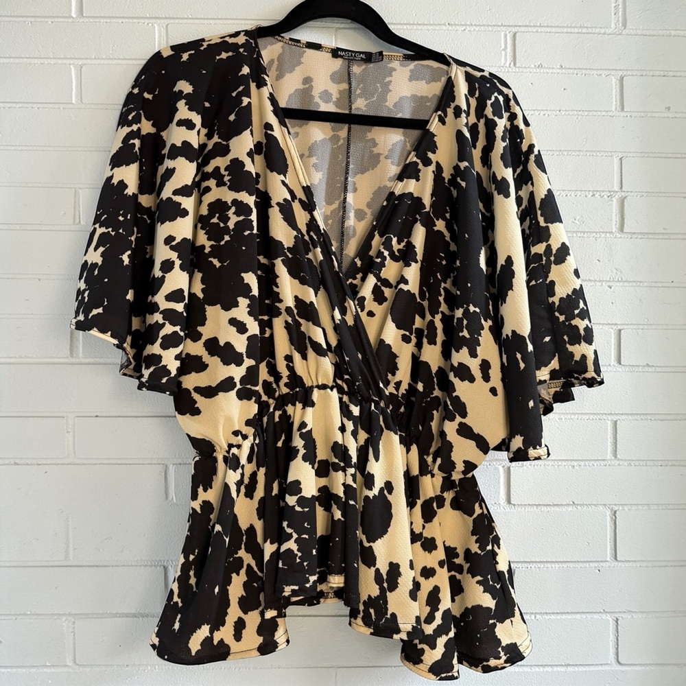 Nasty Gal Cow Print Wrap Blouse Peplum Flutter Sleeve Size 14